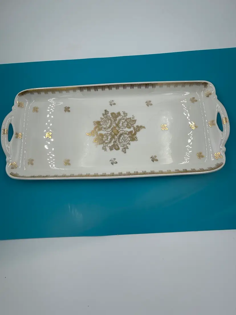 Vintage Limoges  Hand Painted Made In France White Gold Rose Design Dresser Tray