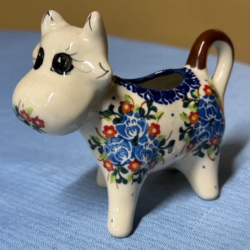 Polish Pottery Cow Creamer Kalich Boleslawiec Hand Painted Floral Pattern 3.75”