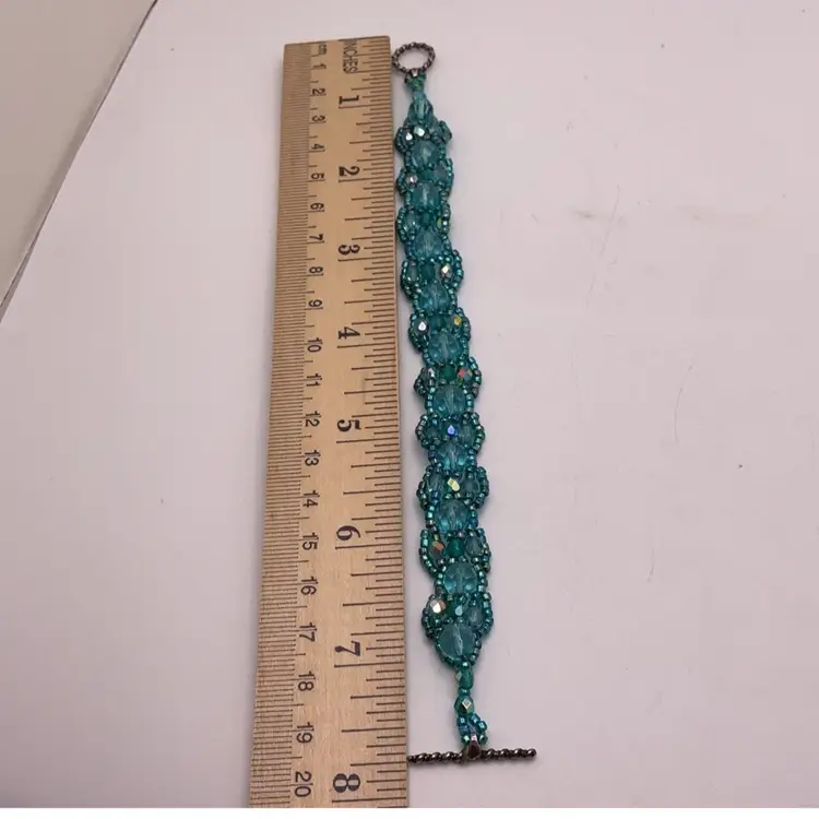 Turquoise Blue Swarovski Crystal Bead Bracelet with Toggle Artisan Made 7.5