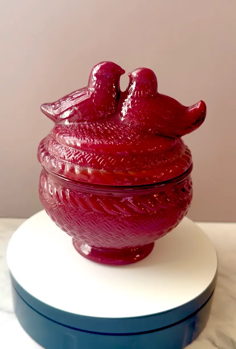 Gorgeous! Vintage Ruby Red Depression Glass Lovebirds Candy/Trinket Dish, Scarce Find!