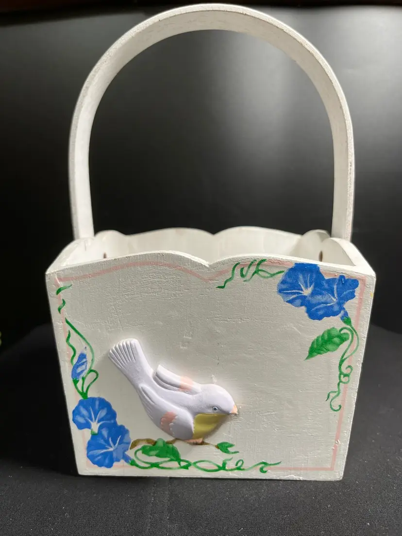 Wooden Teleflora Basket w/ 3D Birds and Painted Blue Morning Glories-Lot 58