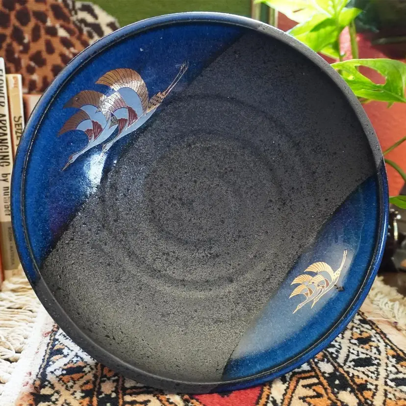 Vintage Japanese Studio Pottery Bowl Gold Cranes Raku Ceramic