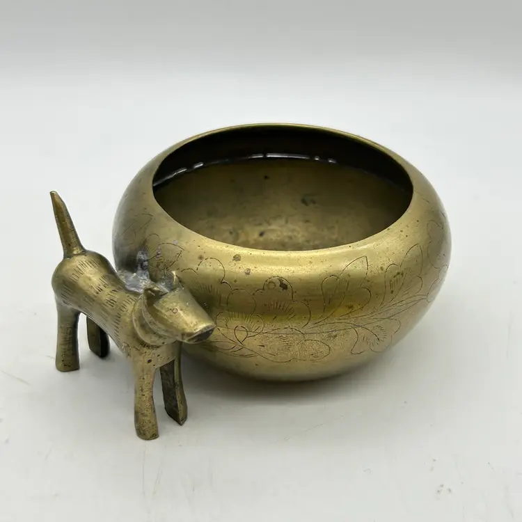 Vintage Brass Ashtray Incense Burner With Terrier Dog Engraved Flower Motif On Outside