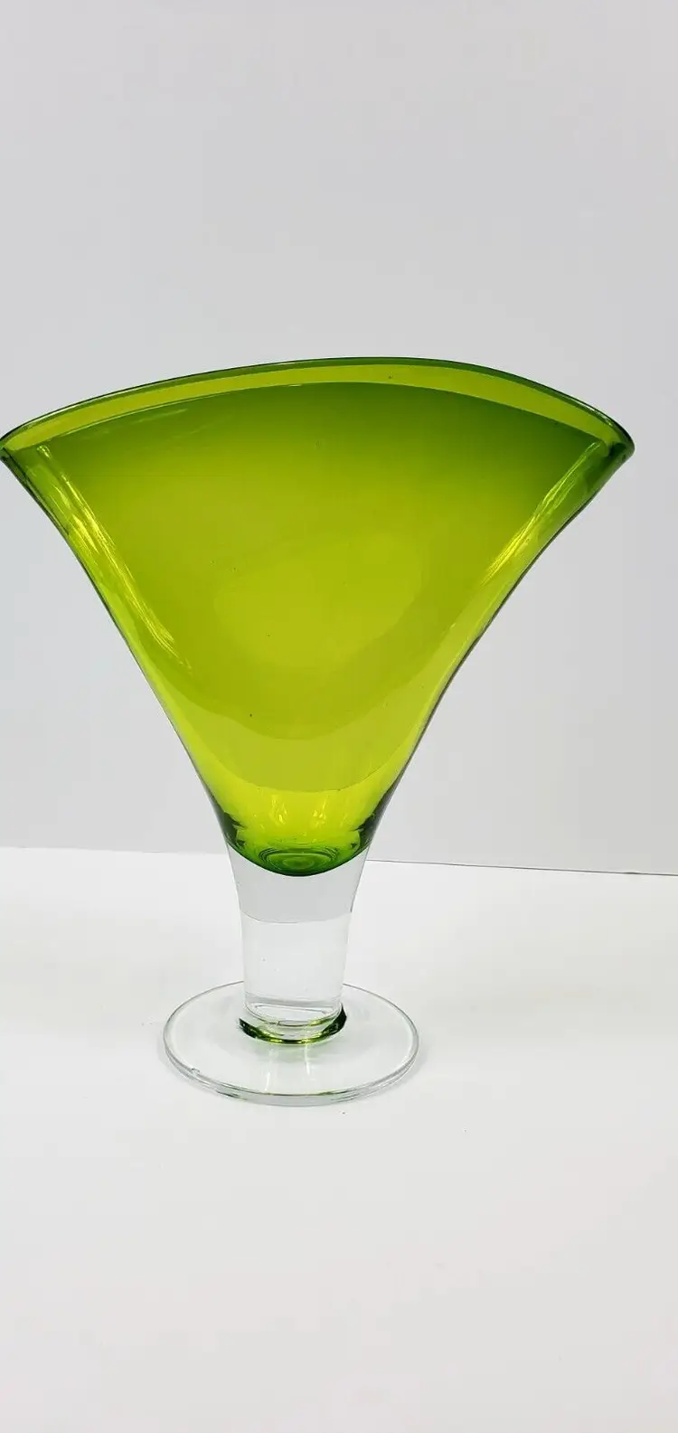 Vintage Lime Green Art Glass Fan Shaped Vase 11" Tall