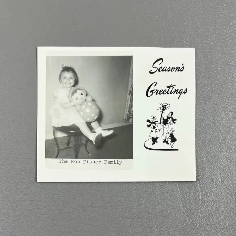 Vintage Toddler Girl Holding Large Doll Toy "Seasons Greetings" Card Photo ID'd