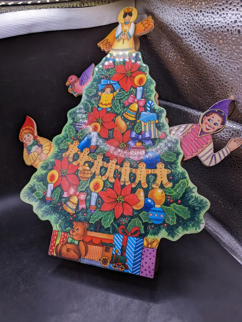 Vintage 1980s Wooden Christmas Music Box Wind Up Motion Tree Elves VGUC.