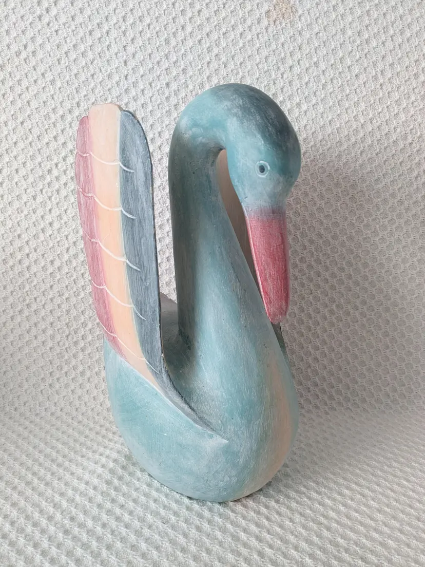 Swan Duck Goose Wood Statue Carved And Hand Painted Soft Colors 12 Inch X9 Inch Folk Art