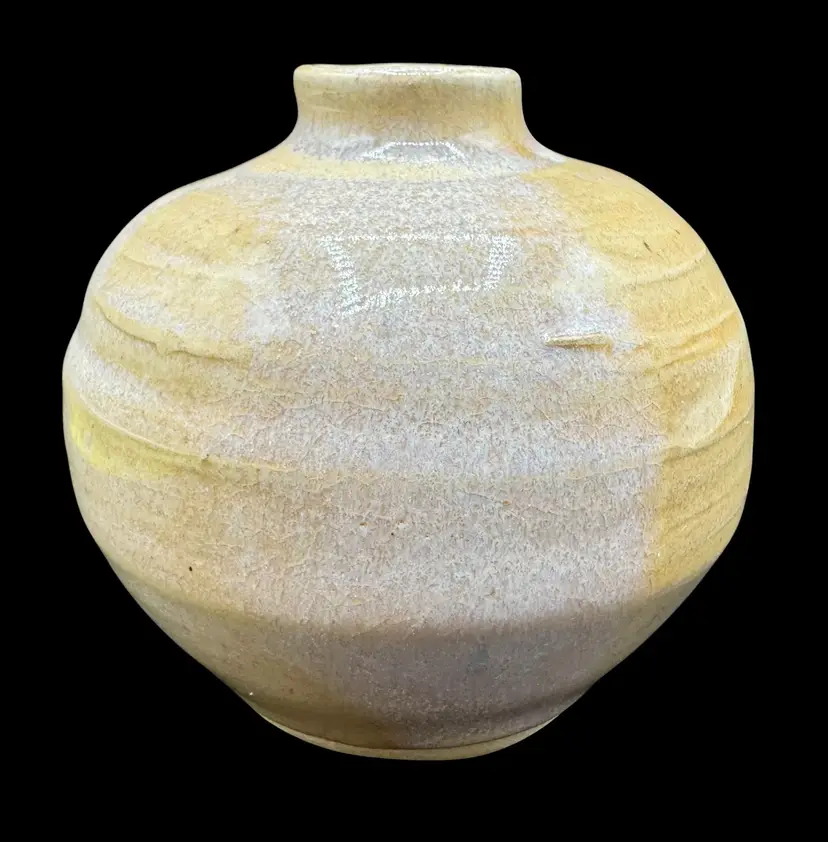Signed Vintage Studio Art Pottery Bud Vase Round Beige Glaze 3.25”