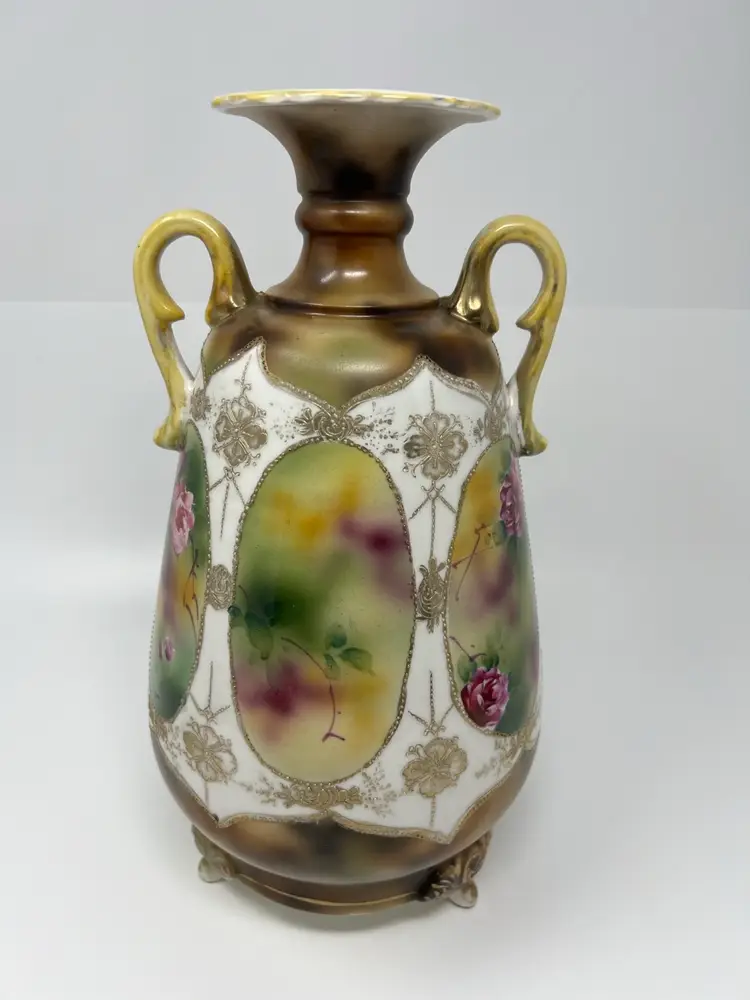 Antique Roses Vase Moirage Urn Medallions Hand painted Japan Double Handle 12.5”