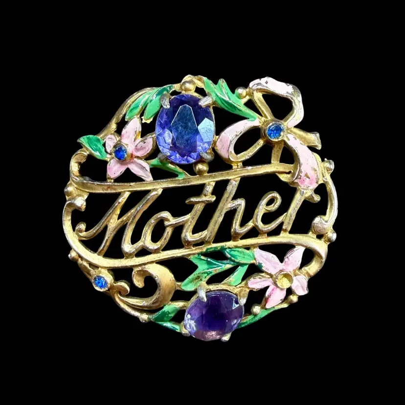 Vintage Deco 40’s MOTHER Crystal Enamel Gold Toned Brooch READ