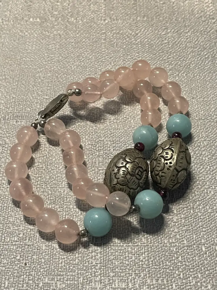 Rose Quartz Garnet Bead Bracelet Silvertone