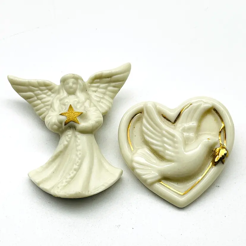 LENOX Brooch Lot of 2 Gold Tone Accents Angel with Star and Dove with Ribbon 18196
