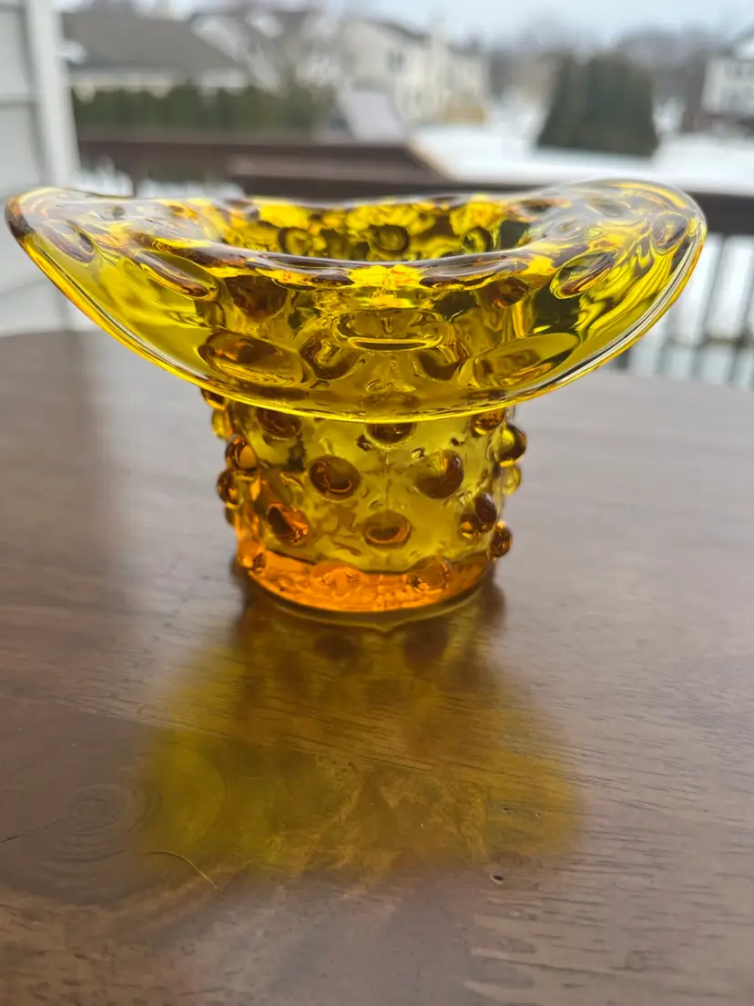 Yellow/ Amber hobnail glass vase with a flared rim and applied hobnail decoration. Fenton. 3”