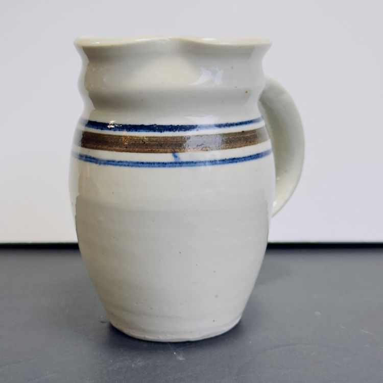 #1338 Jamestown Virginia, Hand Made, Thrown, Pottery Jug Pitcher, Triple Stripes