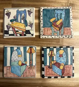 Set of 4 Vintage Handmade and Painted Tiles Signed by Artist CJ Nichaus 3.5