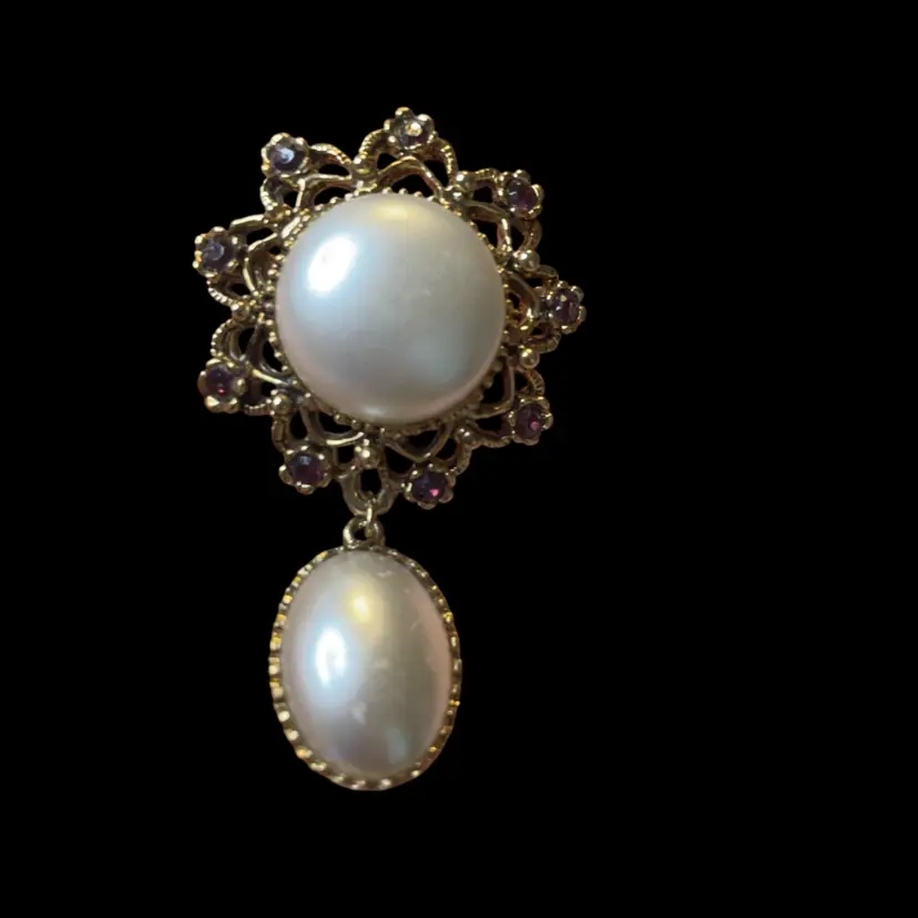 Purple Glass Stones And Faux, Pearl, Gold Tone Brooch