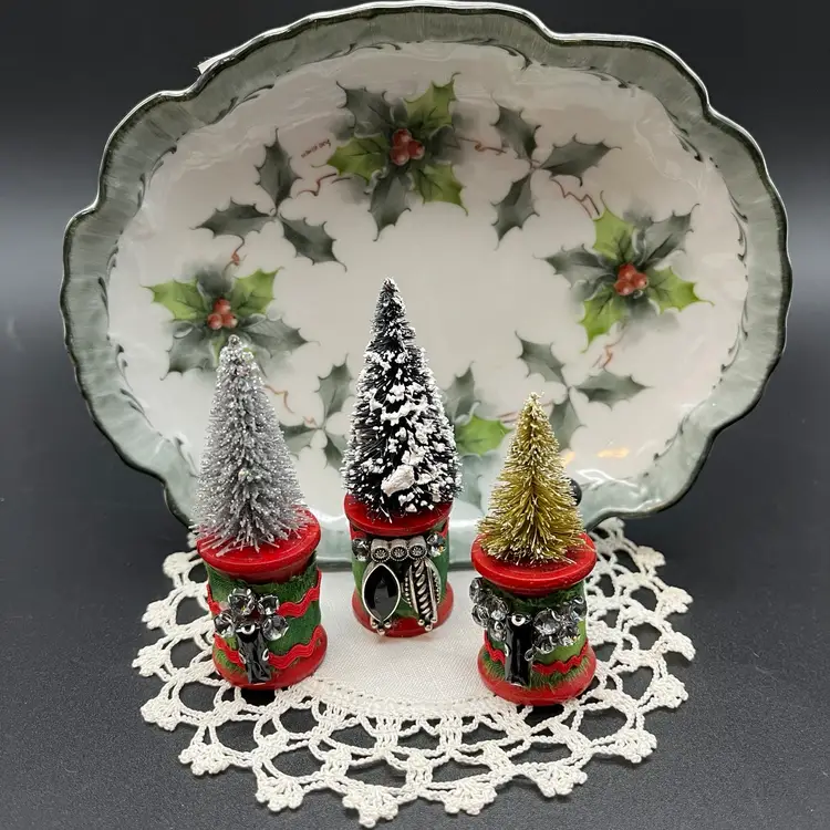 Mini Christmas Village - Artist Painted Candy Dish with Handmade Spool Christmas Trees + VTG Doillie