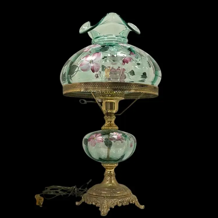 Vintage Fenton 22” Vining Garden On Sea Mist Green Hurricane Lamp Hand painted by D. Anderson