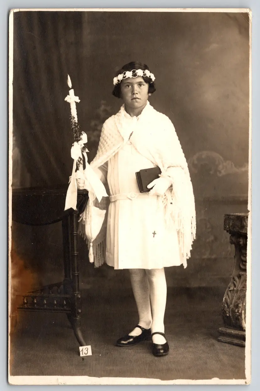 Postcard RPPC Girl's First Communion Real Photo White Dress Bible Rosary Beads Candle Religious -  9302