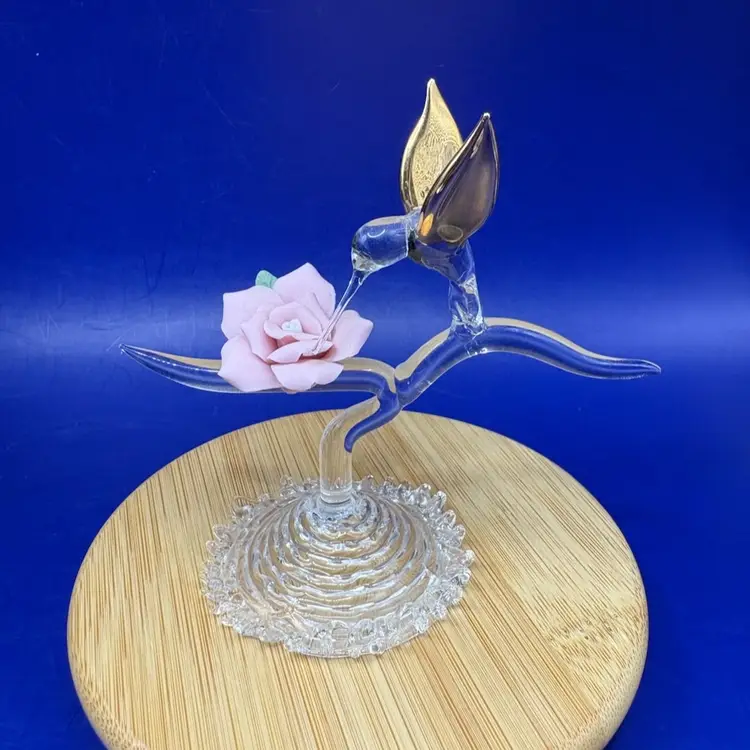 Glass Blown Hummingbird With Ceramic Pink Flower