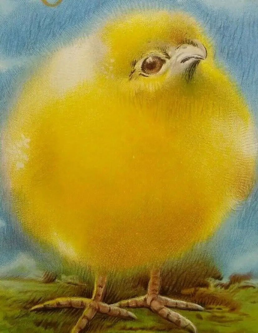 Easter Greetings Postcard Giant Puffy Baby Chick Blue Skies Vintage Original