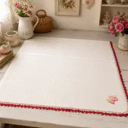 Vintage White Linen Tablecloth with Red Crochet Trim and Strawberry Embroidery 36"x34"