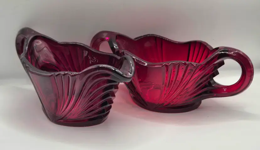 New Martinsville QUEEN ANNE Sugar Creamer Ruby Red Vintage 1930’s RARE 5.75" + 6.25" Glows. Cadmium