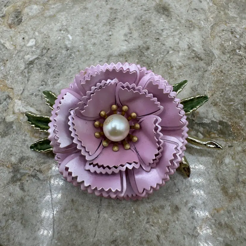 1960’s Vintage Large Multi-layered Pink Enamel & Faux Pearl Flower Brooch