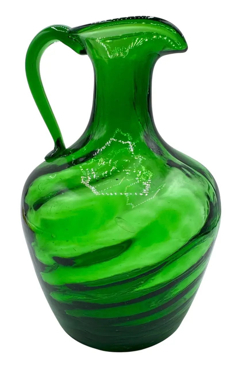 Vintage Blown Glass Pitcher Jug Emerald Green Swirl Optic Bubble Applied Handle