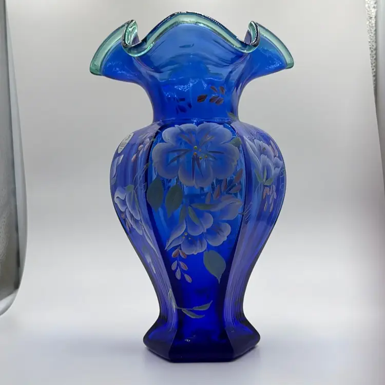 Fenton 1998 Cobalt Blue 75th Anniversary Hexagonal Vase Hand Painted Green Crest Hand-Painted and Hand-Signed