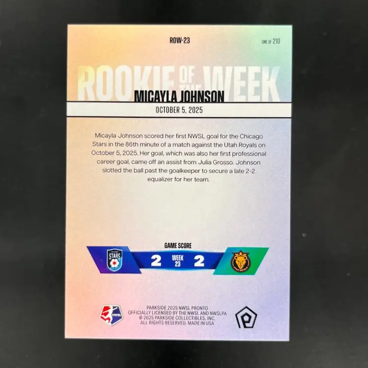 Micayla Johnson 2025 NWSL Parkside Pronto Rookie Of The Week Subscriber Exclusive /210 Soccer Card #ROW23