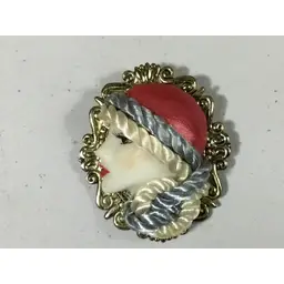Vintage flapper girl brooch, gold tone back, acrylic, fabric, metal