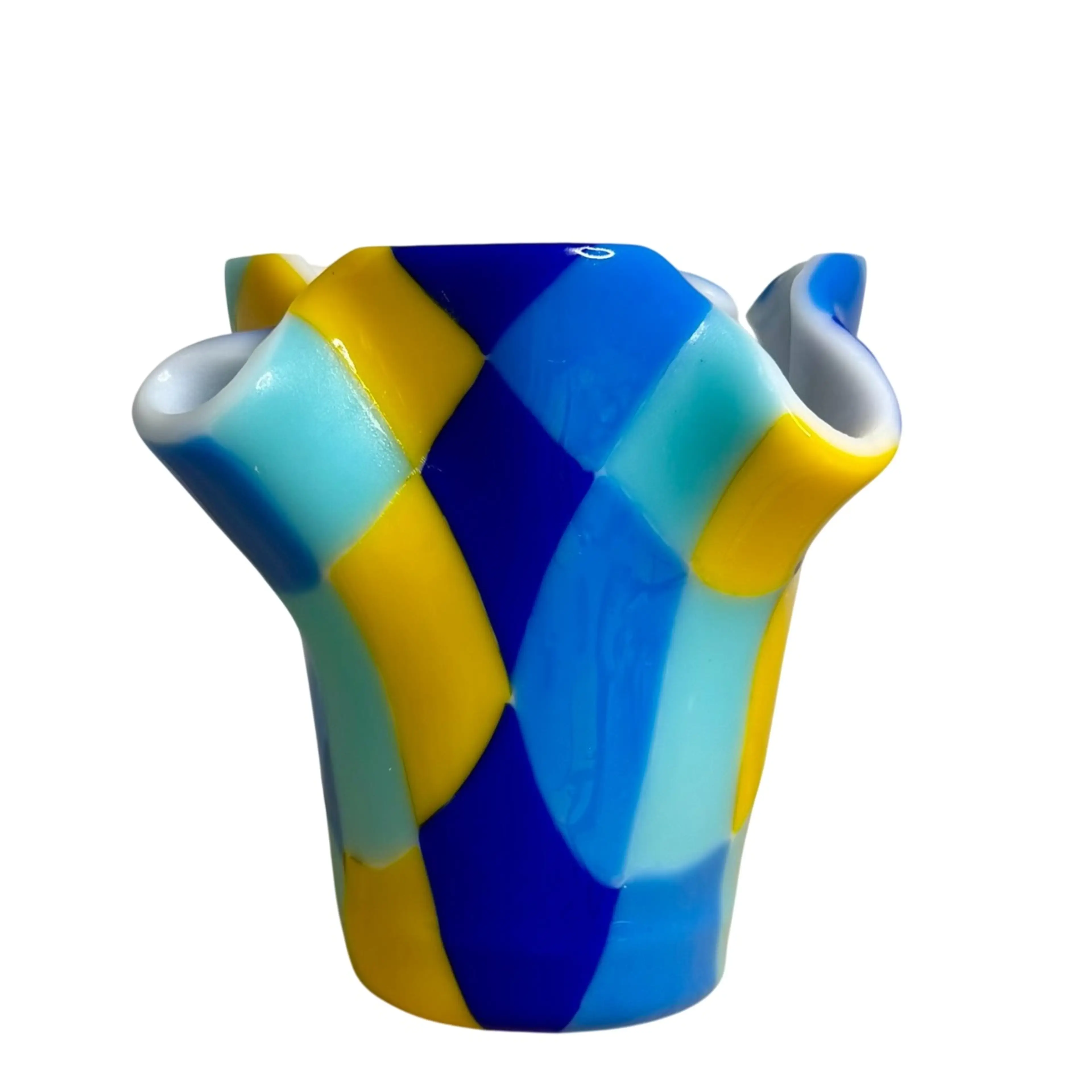 Fused Glass Vase/Planter Cobalt Blue Yellow Aqua Art Deco Signed
4-3/4” T x 5” W