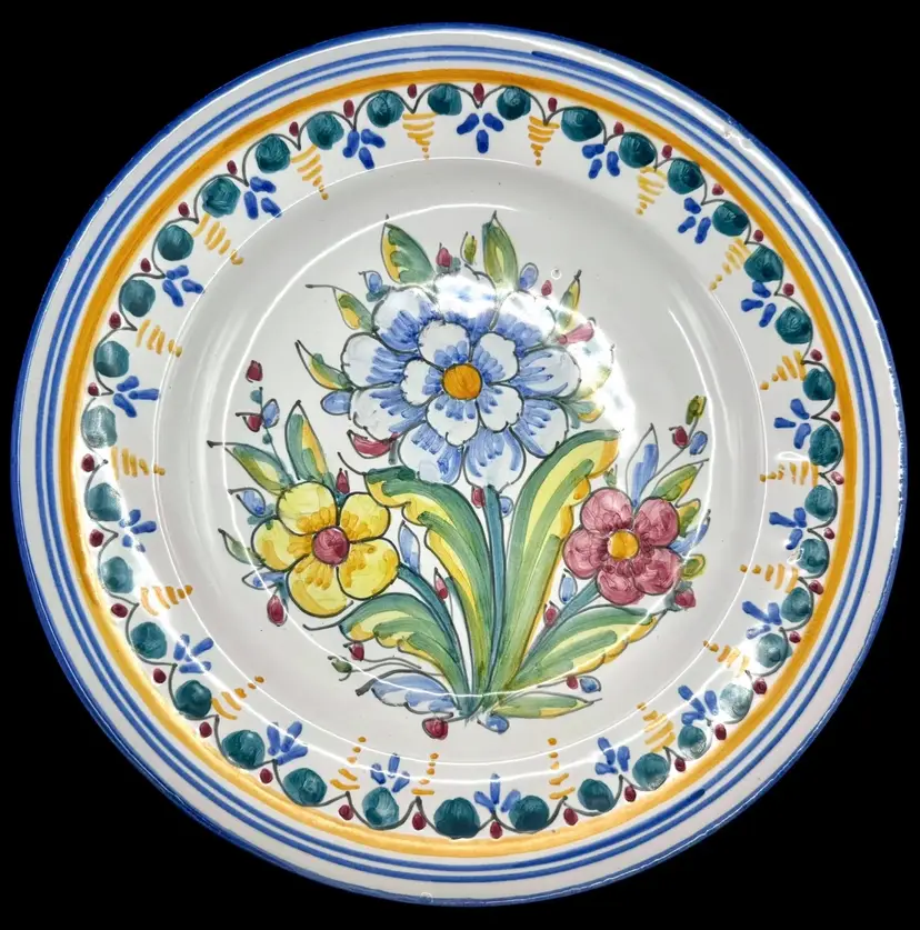 Signed SE BT Hand Painted Plate Floral Blue Yellow Pink Green Wall Hanging 9.5”