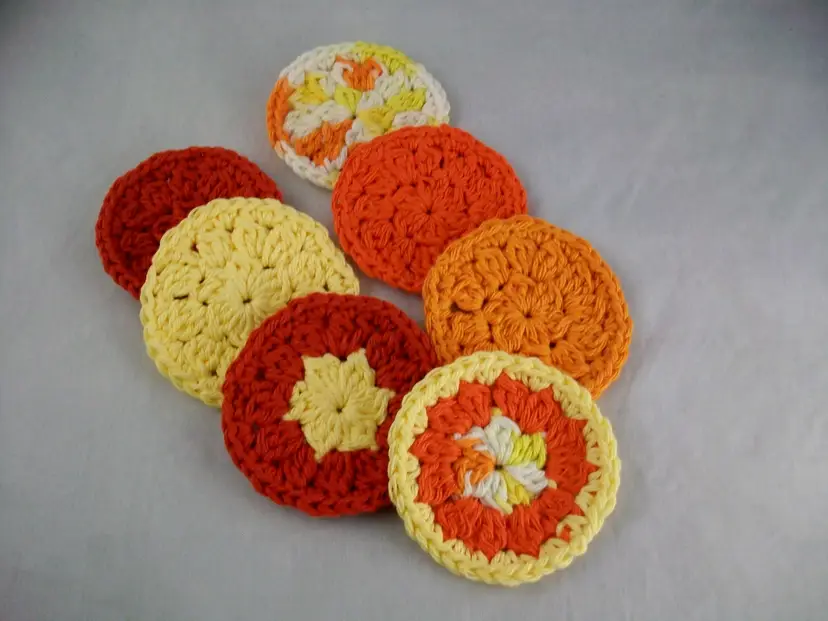 Crochet Orange Yellow Red Reusable Cotton Face Scrubbies Set of 7
