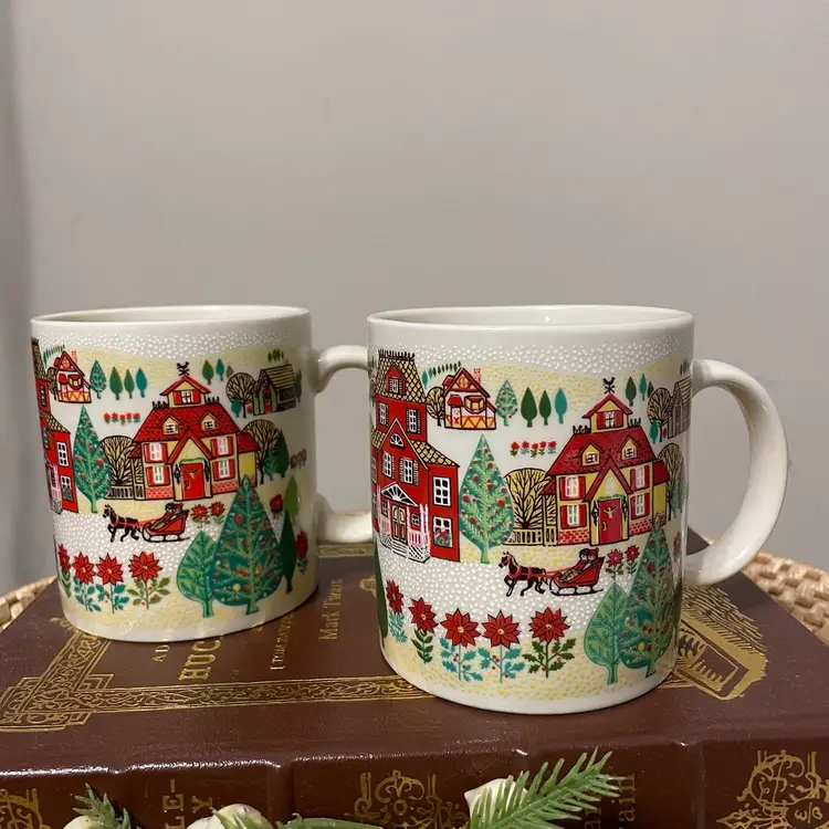 Vintage Otagiri Christmas Winter Scene Coffee Mugs Set of Two