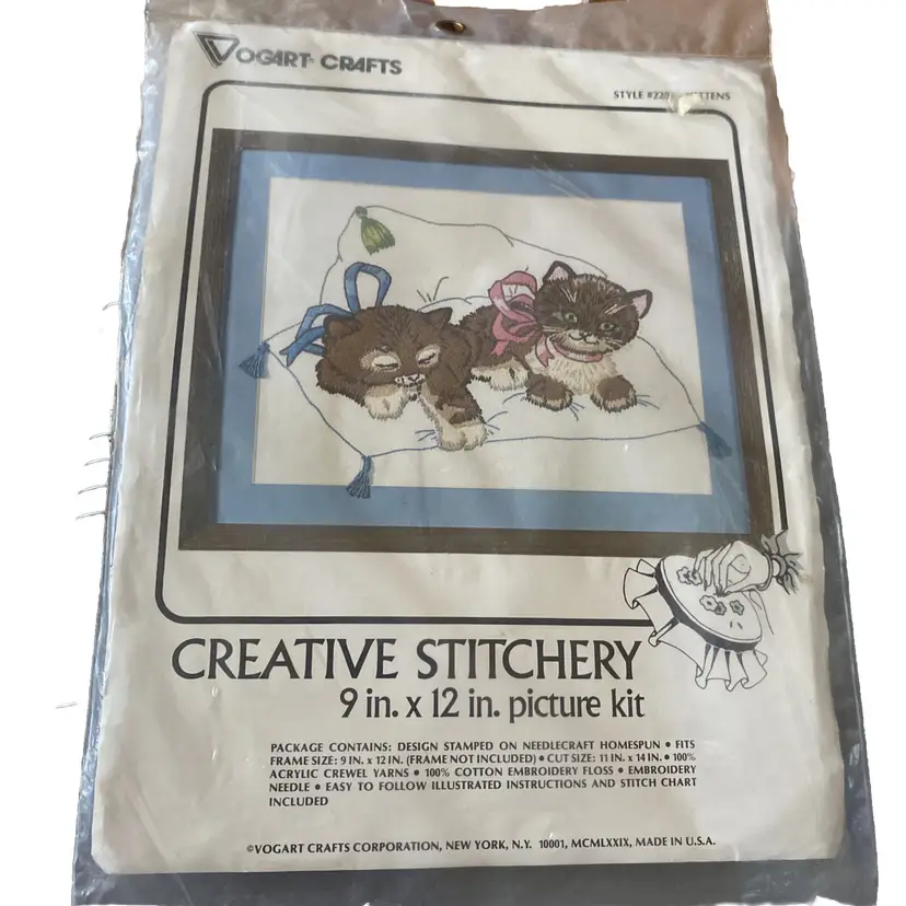 Vogart Crafts Crewel Creative Stitchery Kit Kittens Cats 9" x 12" New #2201