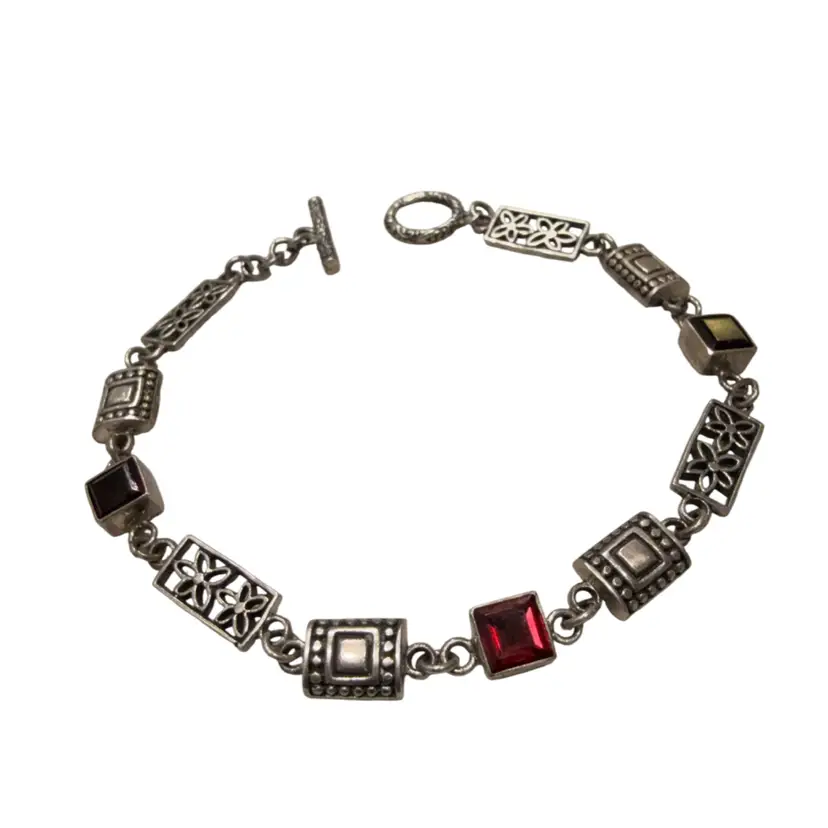 Sterling Silver Garnet Square Flower Link Design Bracelet , 8.5”