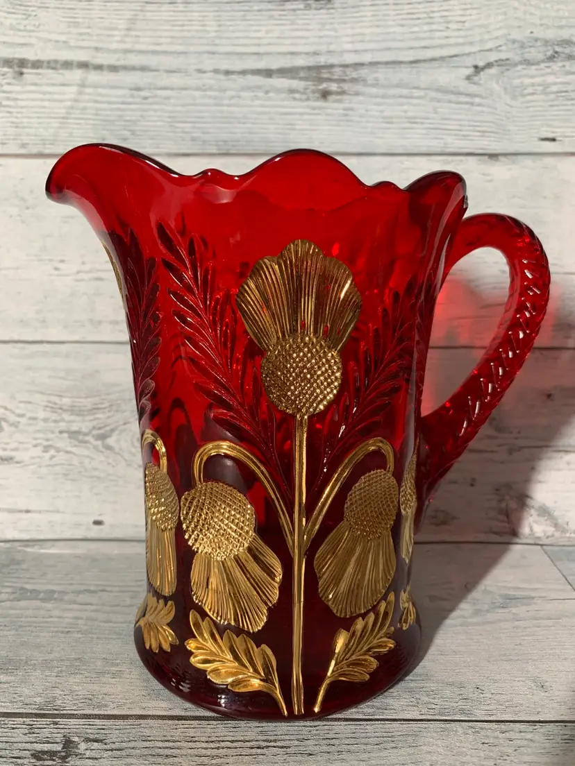 Vtg Red Mosser Inverted Thistle Gold Inlay Pitcher Pressed Glass Cut Handle