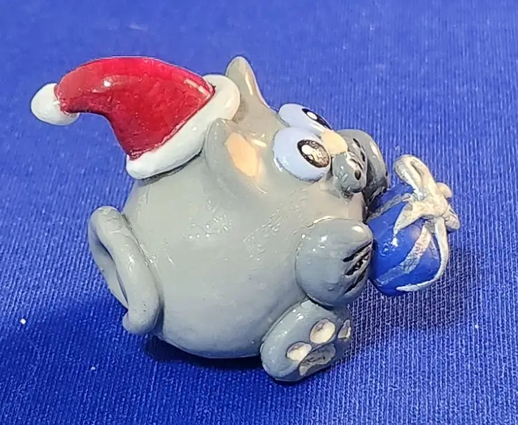 Christmas Shirley's Cats - Grey Cat with Santa Hat, Blue Present