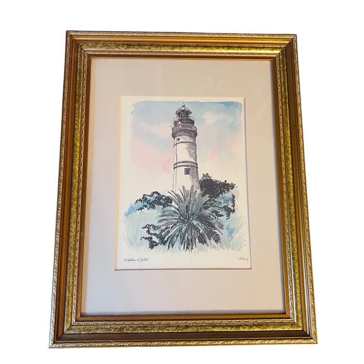 The Lighthouse At Key West Framed Watercolor Print By Robert E Kennedy 11”x 14”
