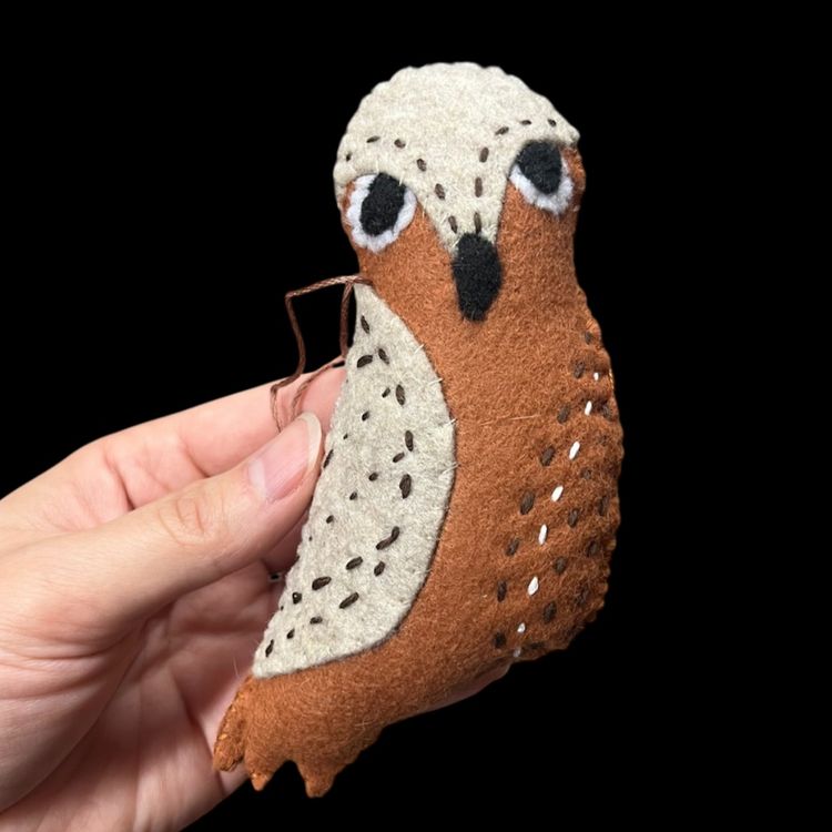 Handmade Felt Owl Ornament, Hand Stitched Fabric Owl Ornament, Felt Brown Owl Decor