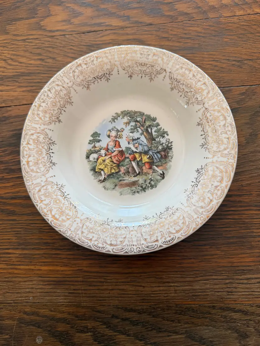 Vintage W.S. George “Chantilly” 8-Inch Bowl – Romantic Courting Scene with 22K Gold Trim – Mid Century Dinnerware