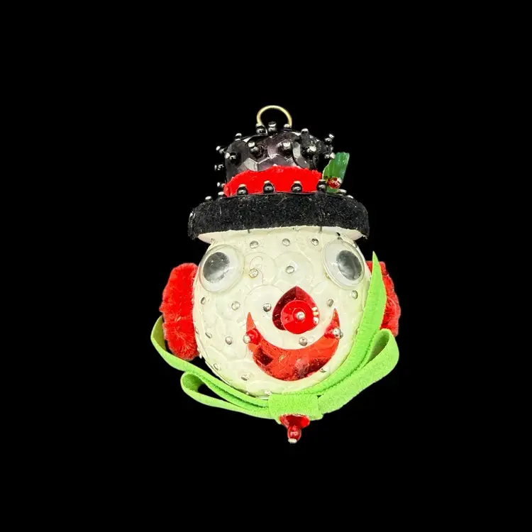 Vintage MCM Handcrafted Snowman Beaded Sequins Push Pin Christmas Ornament