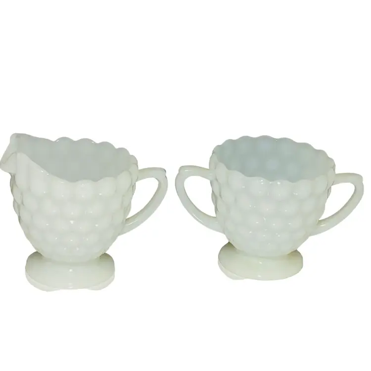 Vintage Beautiful-Anchor Hocking Fire King Milk Glass Bubble Sugar Bowl And Creamer