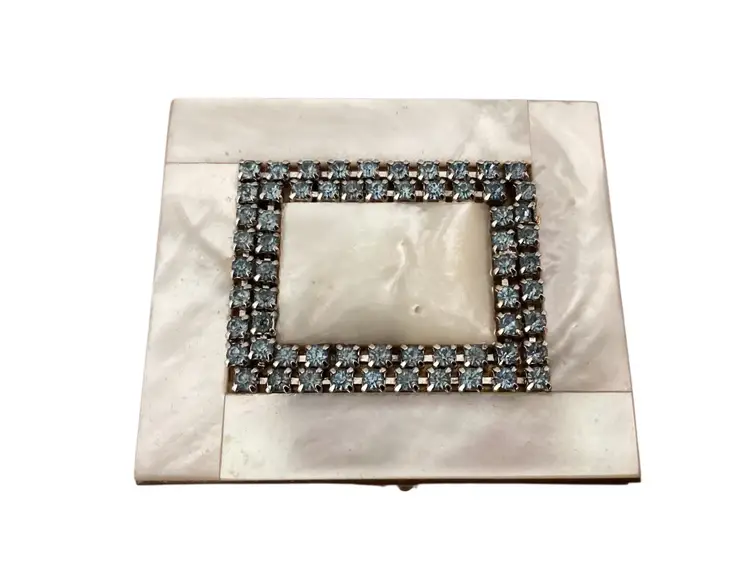 Elgin American Mother of Pearl Compact With Pale Blue Rhinestones