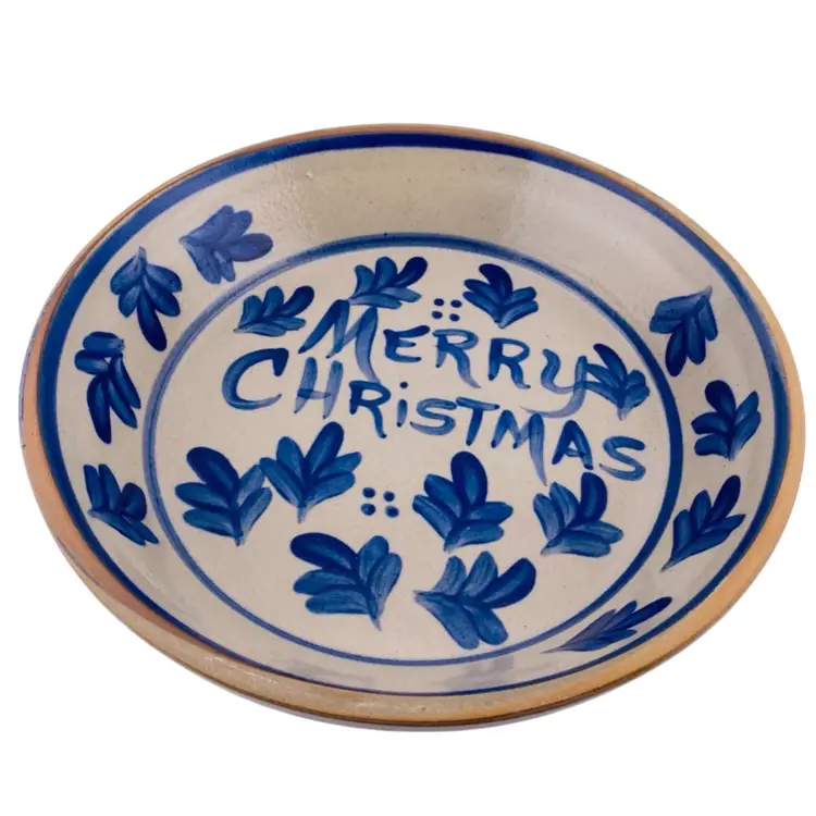 Stoneware Crock Blue Merry Christmas Pie Plate Salt Glaze BBP 1996