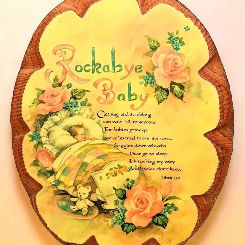 Vintage Rockabye Baby Poem by Wendy Lyn Decoupage Wood Oval Plaque Wall Hanging