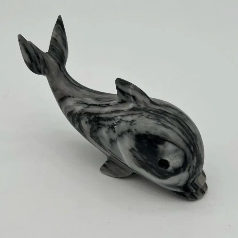Vintage Carved Black,Gray & White Marble Stone Dolphin Figurine Paperweight 6in