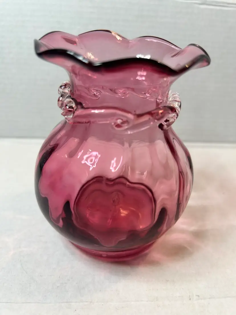 Vintage Pilgrim Glass Cranberry Bud Vase with Applied Rigaree Collar